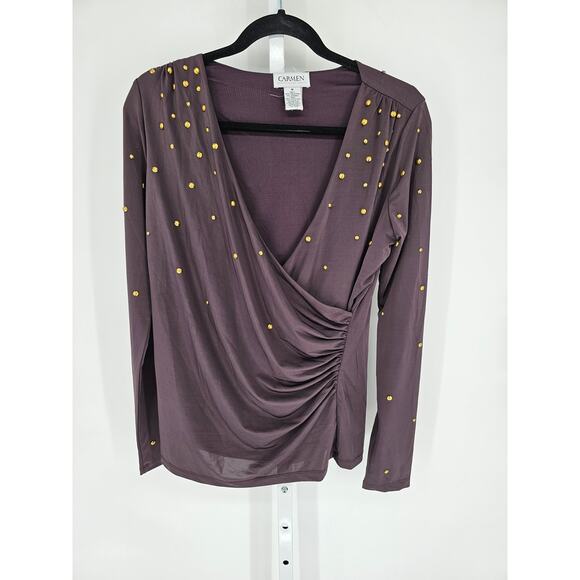 Carmen Marc Valvo Womens Sz M Long Sleeve Blouse Plum Purple Gold Studded - Picture 1 of 4